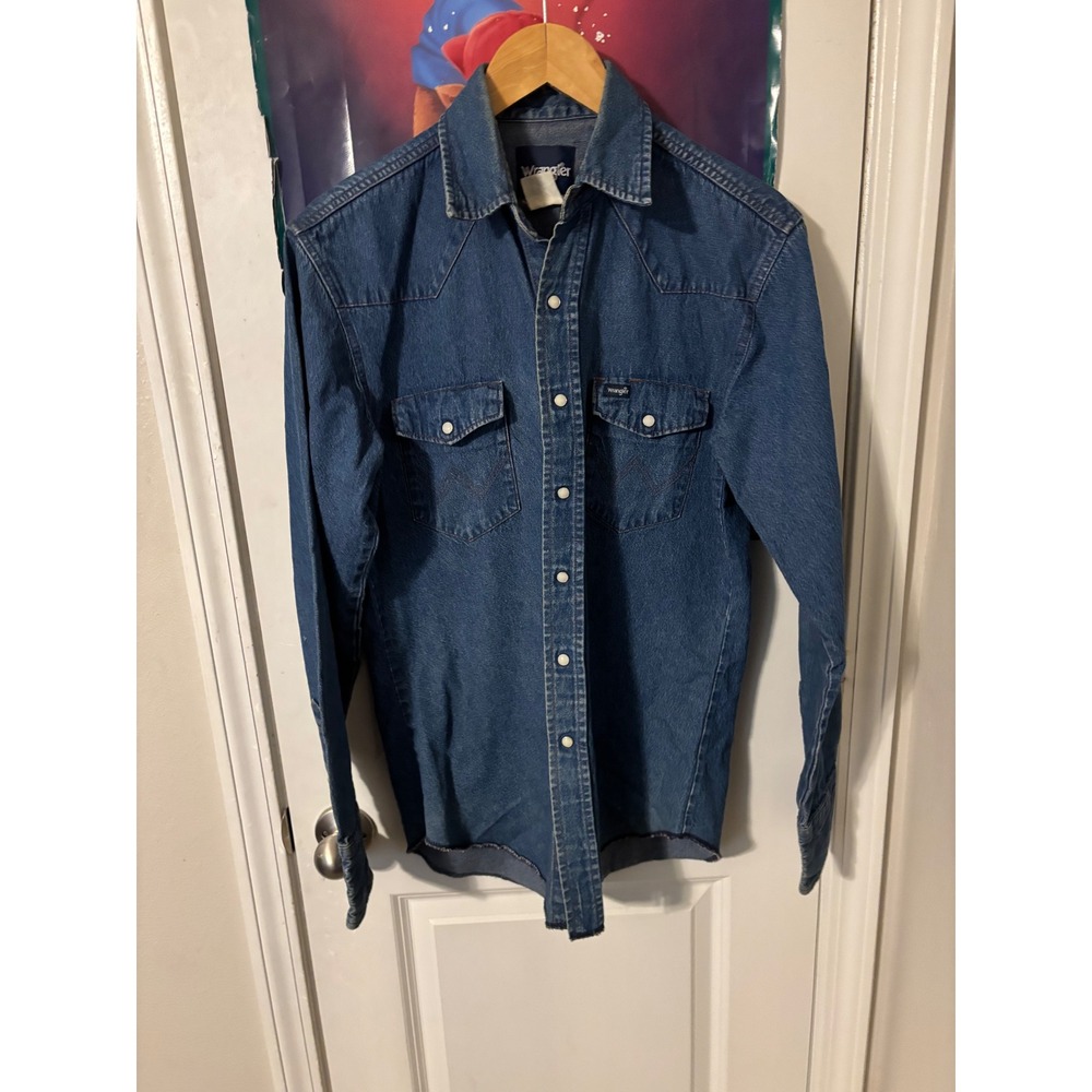 Wrangler Mens Denim Western Shirt Pearl Snap Long Sleeve Blue Medium vintage